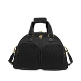 Black quilted handbag with gold accents on a white background